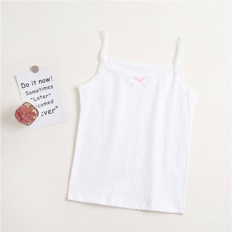 Girls' simple pure cotton white lace sleeveless vest with pink bow for girls