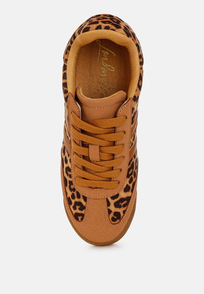 Panther leopard print microfiber sneakers with lace-up design and cushioned insoles, faux leather upper, and TP rubber sole.