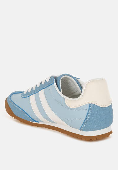 Peak Burn Casual light blue faux leather lace-up sneakers with white stripes and brown anti-skid rubber sole