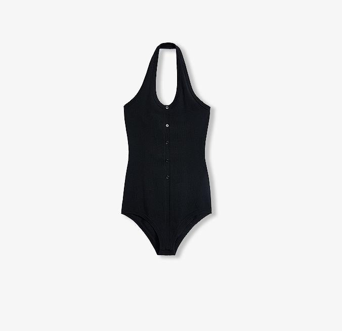 Black German Yangzi 48S machine washable wool halter neck fitted jumpsuit for women with front buttons and slim design