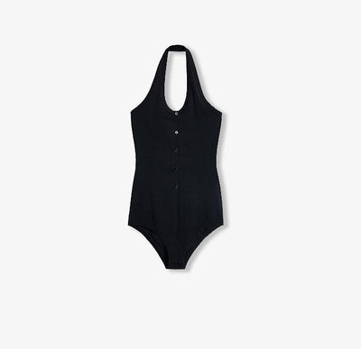 Black German Yangzi 48S machine washable wool halter neck fitted jumpsuit for women with front buttons and slim design