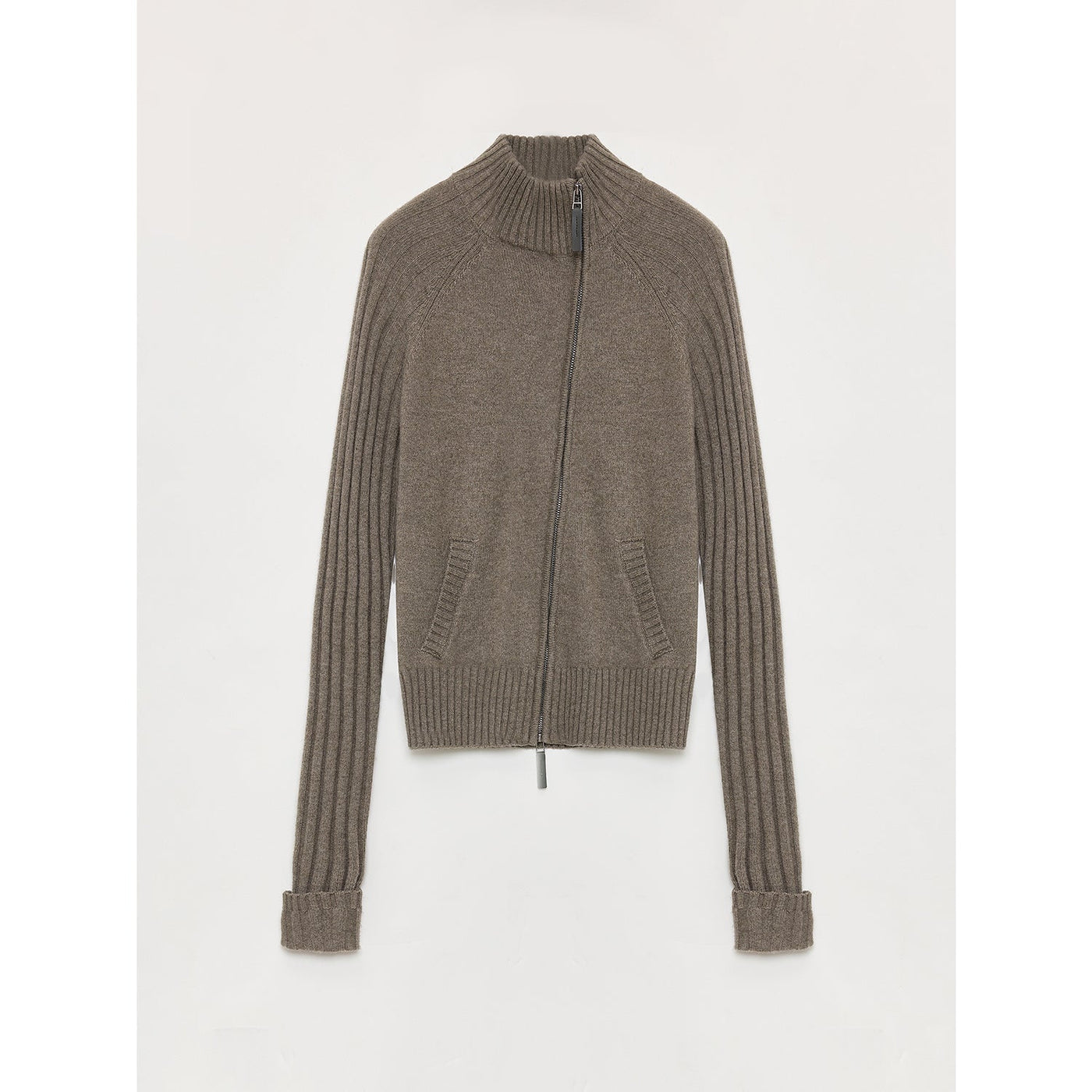 Senna Melody women's slim fit fine merino wool and cotton blend zipper cardigan with slanted placket and ribbed sleeves