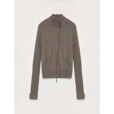 Senna Melody women's slim fit fine merino wool and cotton blend zipper cardigan with slanted placket and ribbed sleeves