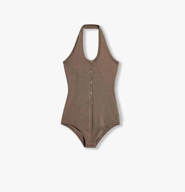 German Yangzi 48S machine washable wool halter neck fitted women's jumpsuit with front shell buttons