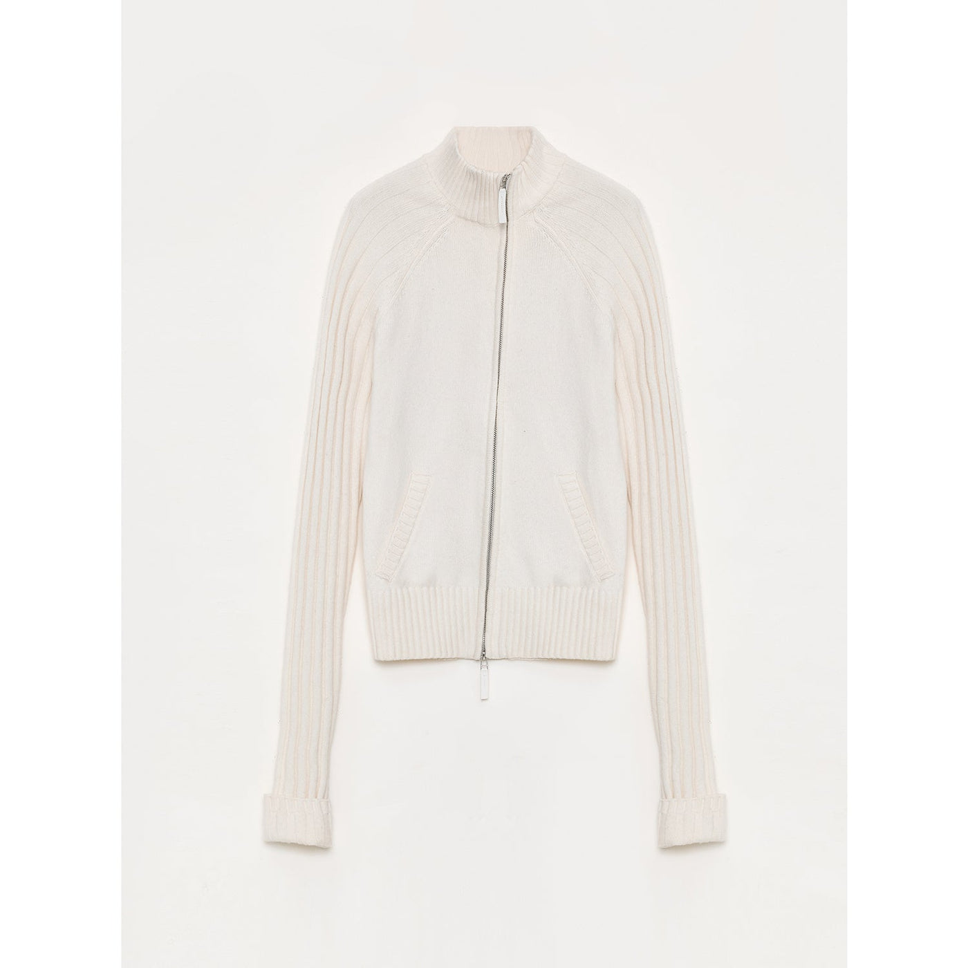 Senna Melody women's off-white fine merino wool and cotton blend slim fit zip-up cardigan with slanted placket and stand-up collar