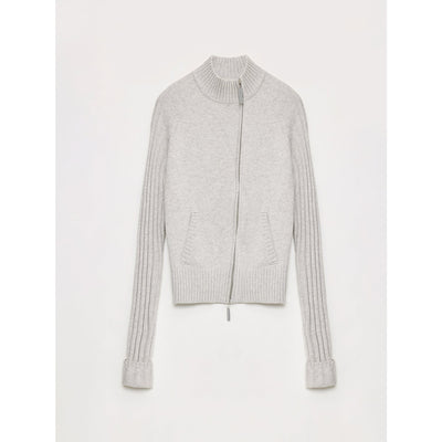 Senna Melody women's slim fit grey knitted cardigan with oblique double zipper placket and ribbed sleeves in merino wool and cotton blend