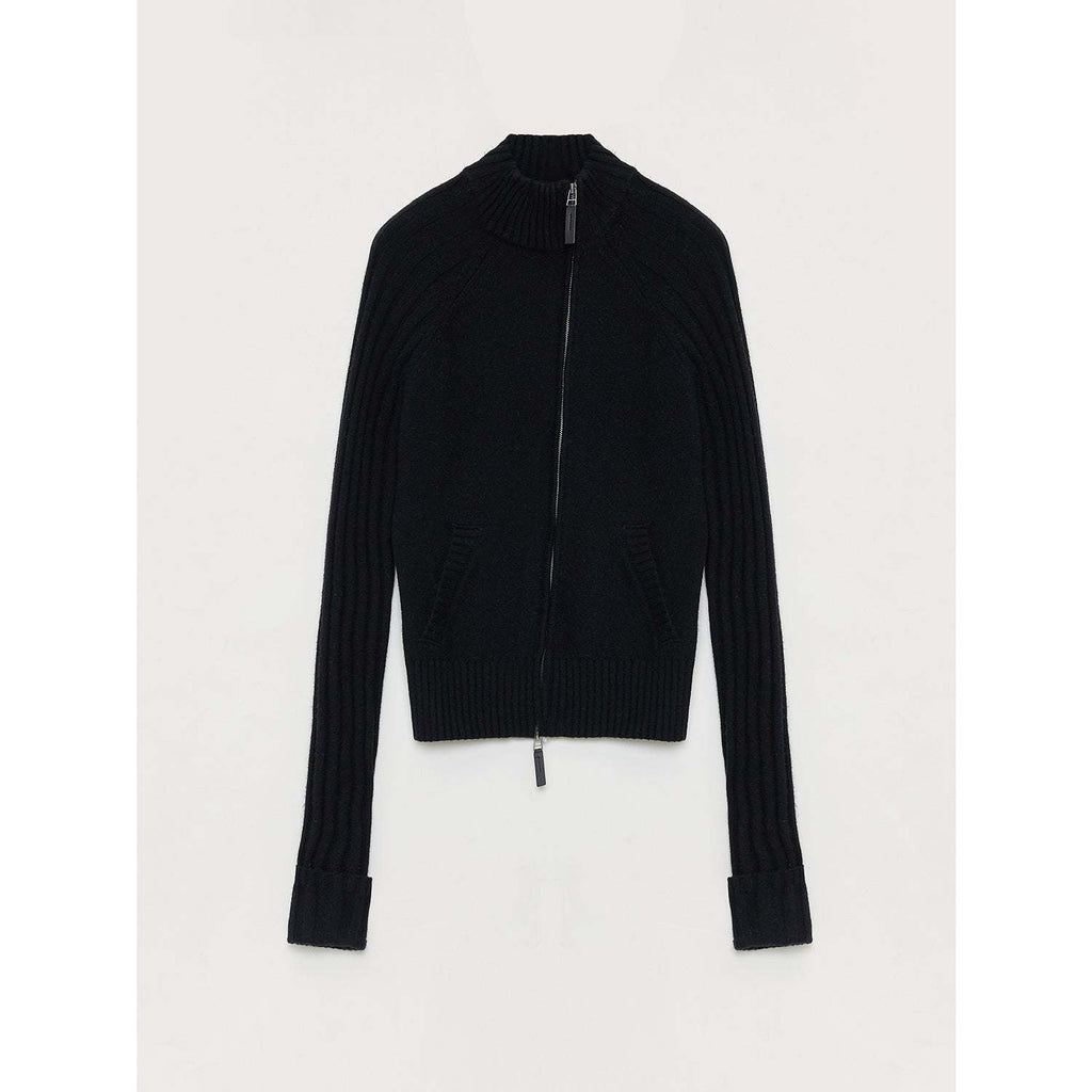 Senna Melody women's black fine merino wool and cotton blend slim fit oblique placket zip cardigan with half-high collar and raglan sleeves