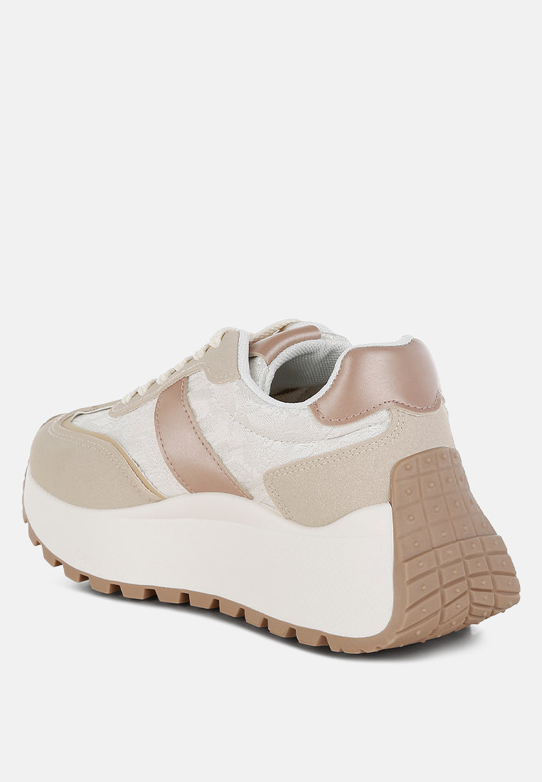 Squeaker chunky anti-skid lace-up sneakers with microfiber upper, cushioned insole, and flatform heel
