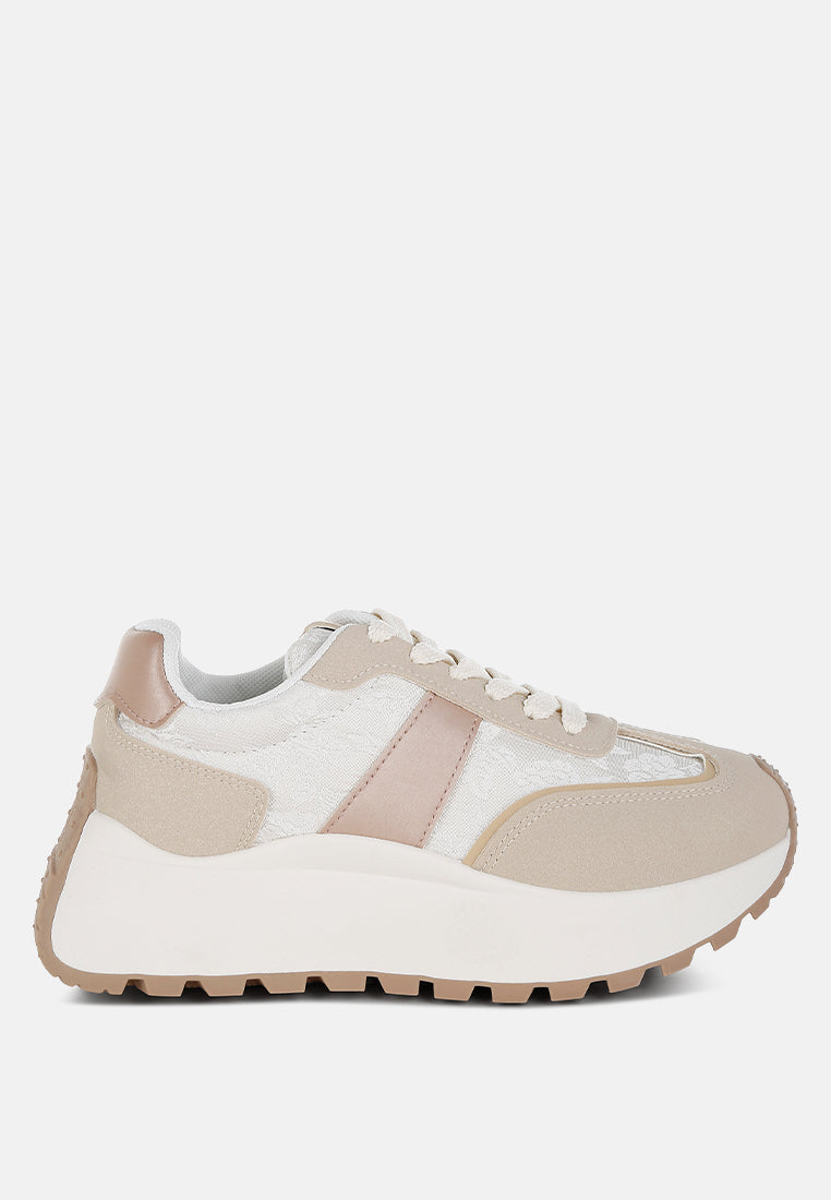 Squeaker chunky anti-skid lace-up sneakers with microfiber and fabric upper, cushioned insole, and contrast lug sole.