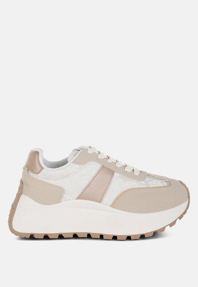 Squeaker chunky anti-skid lace-up sneakers with microfiber and fabric upper, cushioned insole, and contrast lug sole.