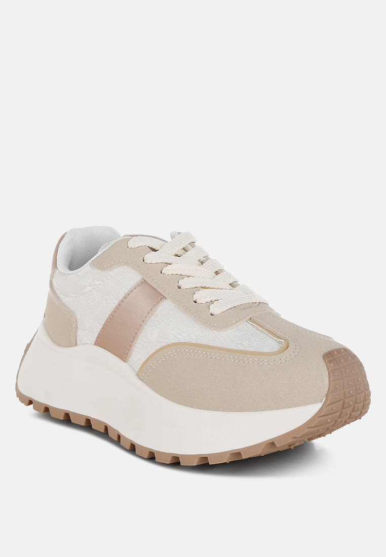 Squeaker Chunky Anti-Skid lace-up sneakers with microfiber fabric upper and cushioned chunky flatform sole.