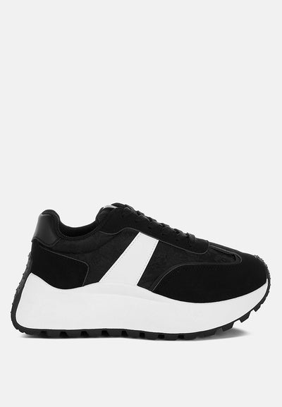 Black and white Squeaker Chunky Anti-Skid lace-up sneakers with microfiber and fabric upper and chunky flatform heel