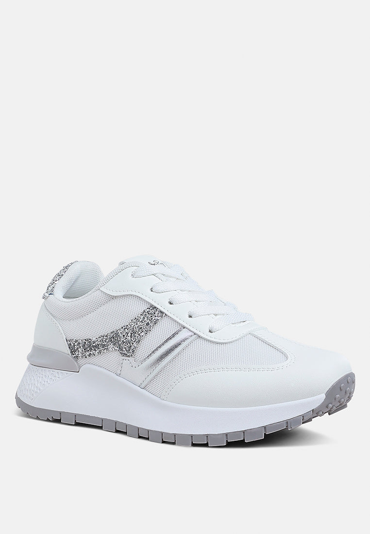 White Tapers Glitter Detail chunky sneakers with faux leather, mesh upper, glitter accents, lace-up style, and anti-skid lug sole.