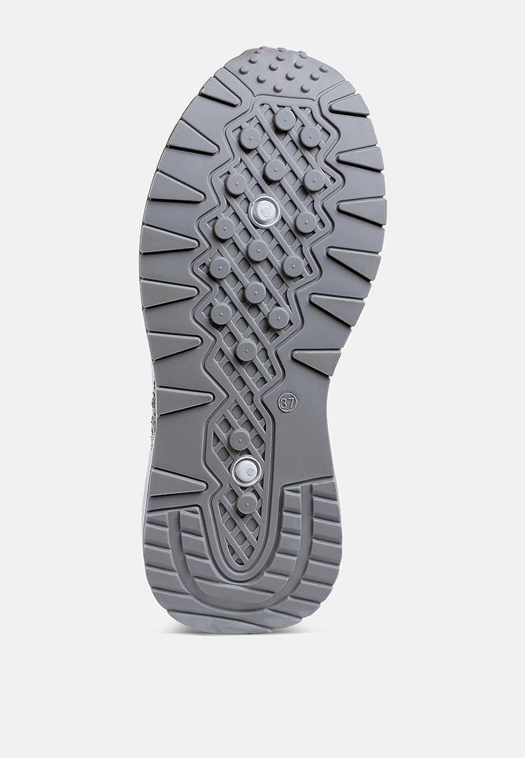 Anti-skid lug sole of Tapers Glitter Detail chunky sneakers in grey rubber