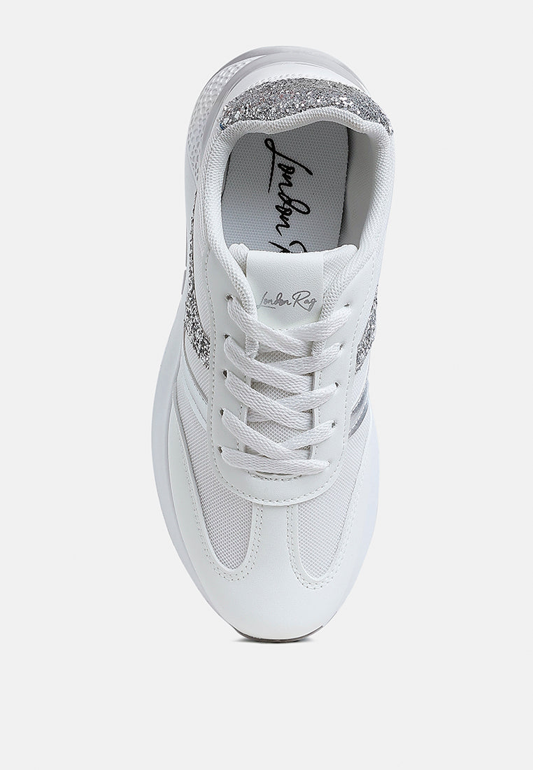 White Tapers Glitter Detail chunky sneakers with faux leather, mesh upper, lace-up style, and anti-skid lug sole.