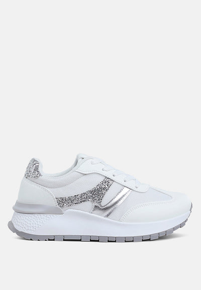 White Tapers Glitter Detail chunky sneakers with faux leather, mesh upper, glitter accents, and anti-skid lug sole