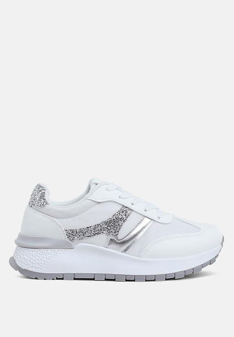 White Tapers glitter detail chunky sneakers with faux leather, mesh, and anti-skid sole