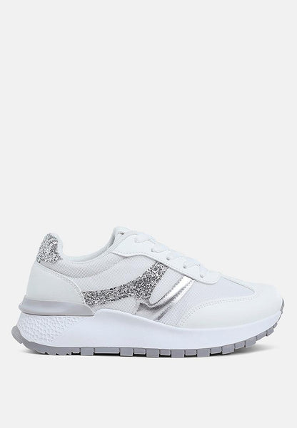 White Tapers glitter detail chunky sneakers with faux leather, mesh, and anti-skid sole