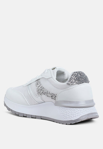 White Tapers Glitter Detail chunky sneakers with faux leather, mesh upper, lace-up style, and anti-skid lug sole