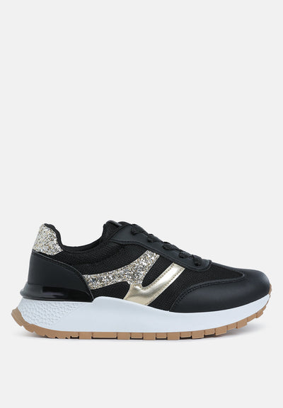 Black Tapers Glitter Detail chunky sneakers with faux leather and mesh upper, glitter accents, lace-up style, and white anti-skid lug sole.