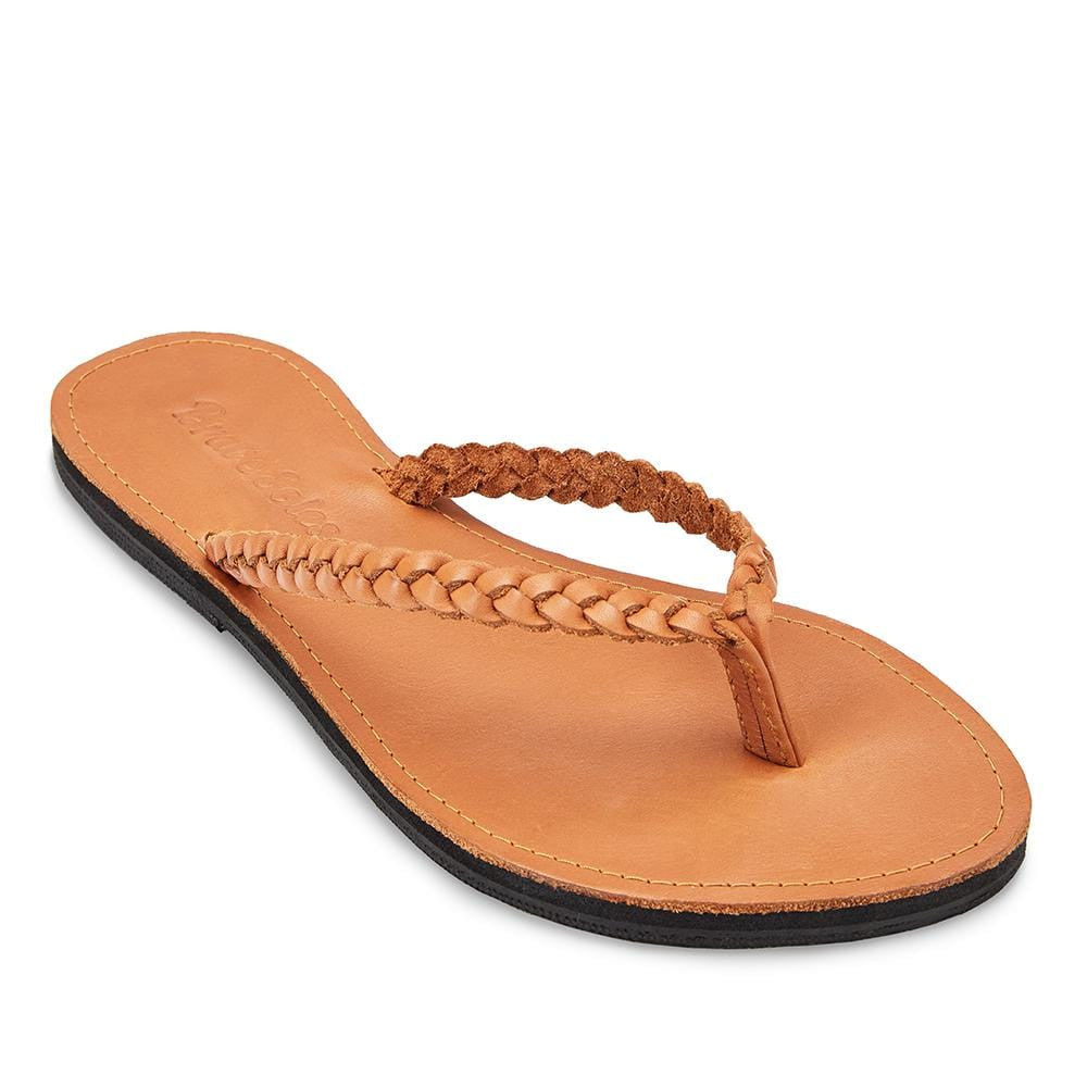 brown braided leather flip flop with cushioned sole and ankle strap, sustainable handmade sandal