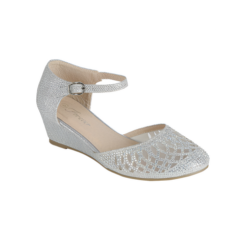 Silver Daisy Junior Girls Formal Shoe with rhinestone ankle strap and transparent front wedge design
