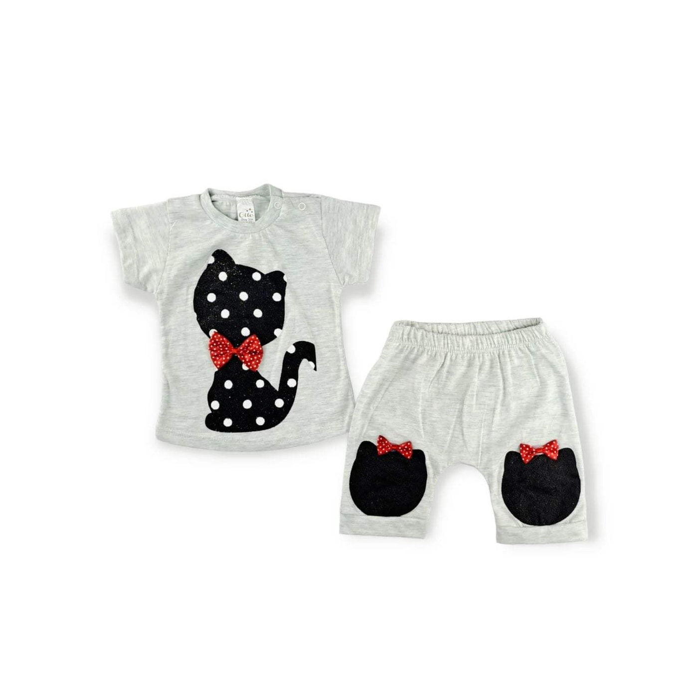 Shadow Cat Girls baby casual set with polka dot cat design, short-sleeve cotton top, soft cotton pants, and bow tie headband