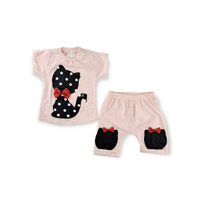 Shadow Cat Girls baby casual set with pink cotton short-sleeve top featuring polka dot cat and red bow, matching soft cotton pants with black cat patches and red bows