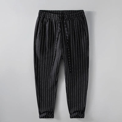 Pantalon en lin pour homme noir à rayures blanches avec ceinture élastique, tissu breathable et coupe ample casual