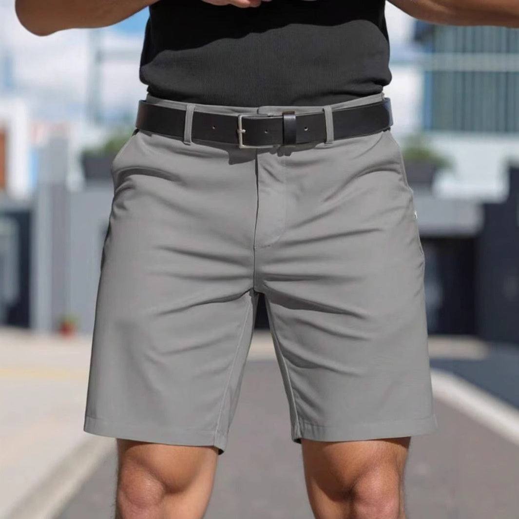 Men's solid color straight fifth pants shorts in light gray with micro elasticity and black belt