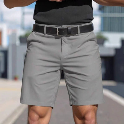 Men's solid color straight fifth pants shorts in light gray with micro elasticity and black belt