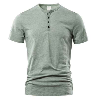 Men's casual short sleeve slub cotton pullover shirt in solid light green color