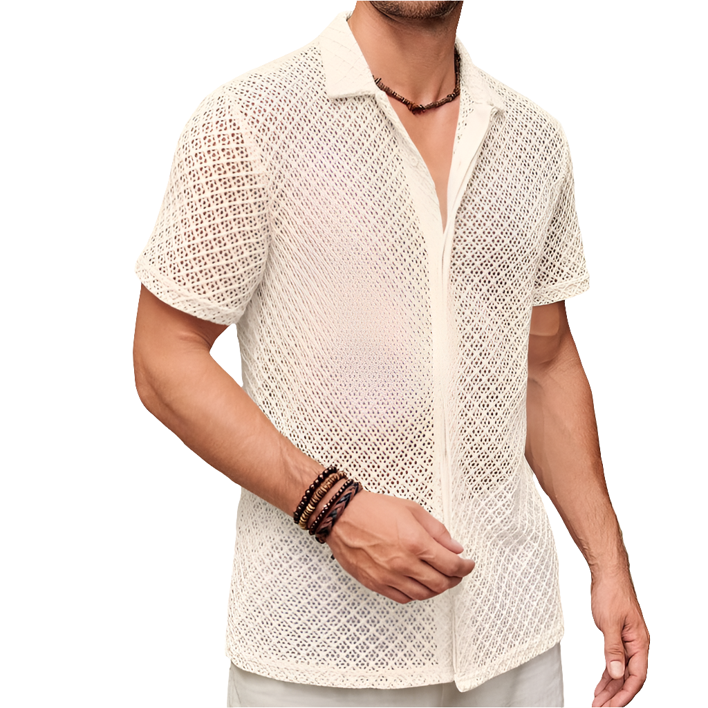 Summer Mesh Short Sleeve Shirt Fashion Solid Color Lapel Shirt Tops Beach Men Clothing