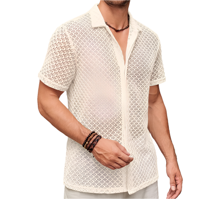 Summer Mesh Short Sleeve Shirt Fashion Solid Color Lapel Shirt Tops Beach Men Clothing