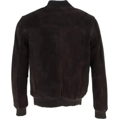 Men’s BlackShadow Suede Bomber Jacket black soft suede leather with ribbed cuffs and waistband back view