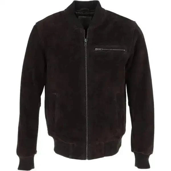 Men's BlackShadow Suede Bomber Jacket in black with zip closure and front pockets, made of premium suede leather and soft polyester lining
