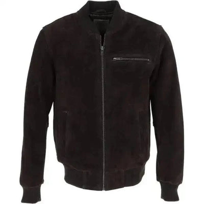 Men's BlackShadow Suede Bomber Jacket in black with zip closure and front pockets, made of premium suede leather and soft polyester lining