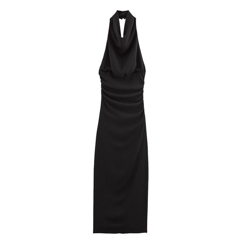 Women's European and American backless sleeveless black hanging collar long dress