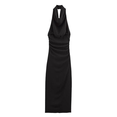 Women's European and American backless sleeveless black hanging collar long dress
