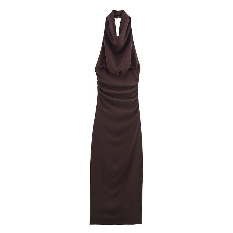 Women's European and American backless sleeveless brown long dress with hanging collar and elegant style