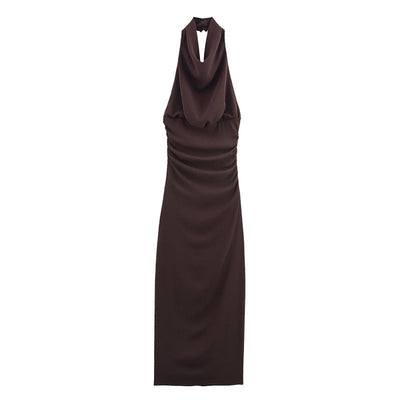 Women's European and American backless sleeveless brown long dress with hanging collar and elegant style