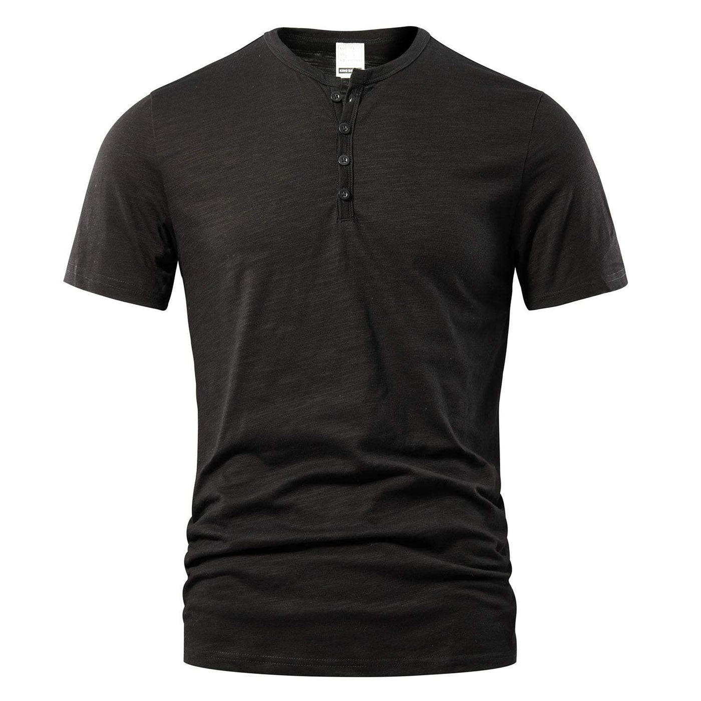 Men's slub cotton black short sleeve casual solid color Henley pullover shirt