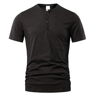 Men's slub cotton black short sleeve casual solid color Henley pullover shirt