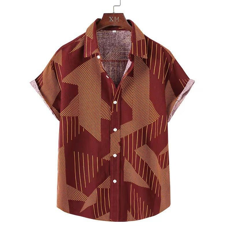 Men's short-sleeved slim fit shirt with geometric stripe print in brown and beige colors