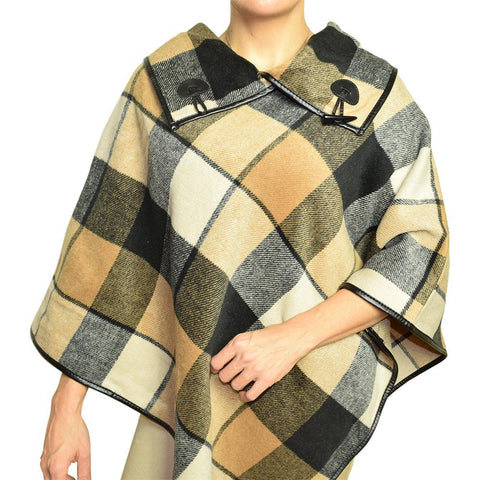 ClaudiaG Plaid Shawl cozy warm plaid pattern with toggle buttons on model