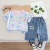 Baby suit three bear short sleeve two-piece set with pastel patterned shirt and denim shorts with elastic waistband and pockets