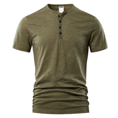 Men's slub cotton short sleeve pullover t-shirt in olive green solid color