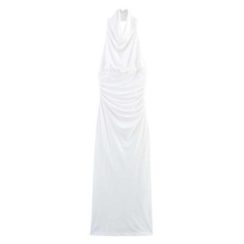 Women's European and American backless sleeveless white halter dress with high waist and elegant style