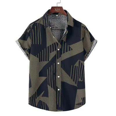 Men's short-sleeved casual shirt with black and beige striped geometric print slim fit design