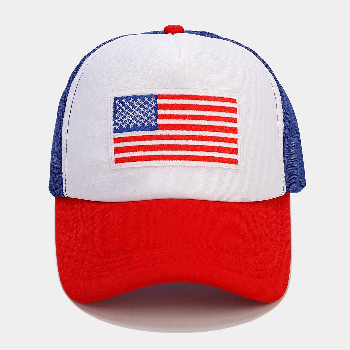 Red and blue contrast mesh breathable space cotton baseball cap with American flag patch and adjustable size